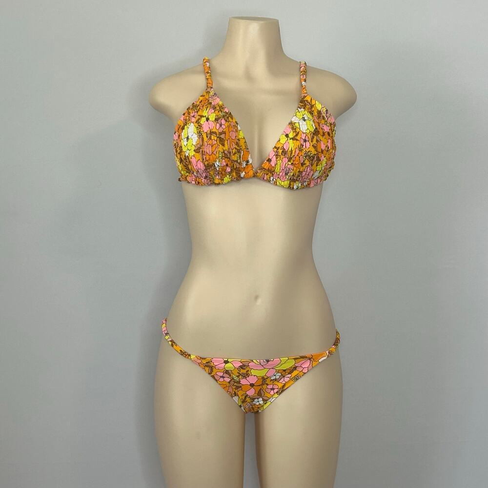 Vintage Style Floral Bikini Set Top L Bottom M Smocked Retro Swimwear